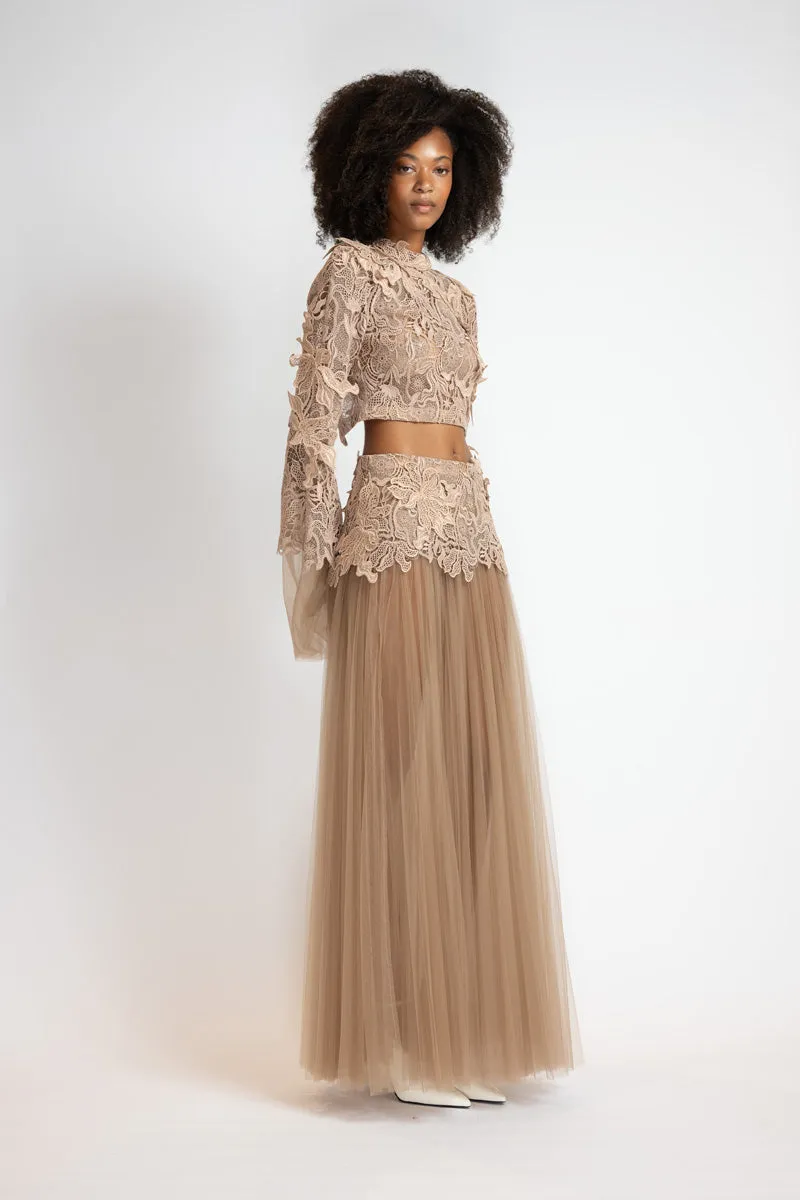 Almond Nomad Dropped Waist Lehenga Pleated Skirt