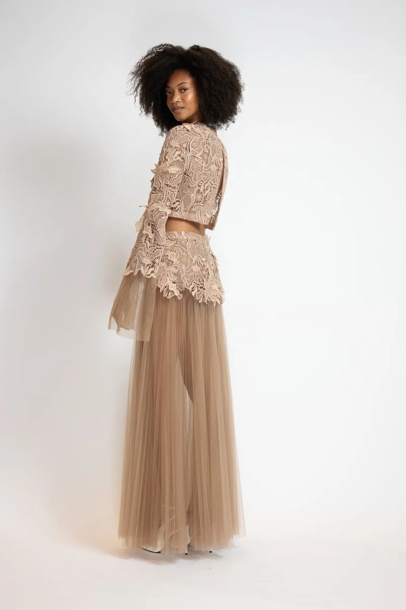 Almond Nomad Dropped Waist Lehenga Pleated Skirt