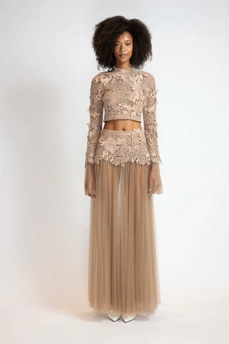 Almond Nomad Dropped Waist Lehenga Pleated Skirt