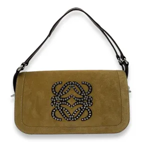 Anagram Shoulder Bag Beige in Suede Leather, Silver hardware