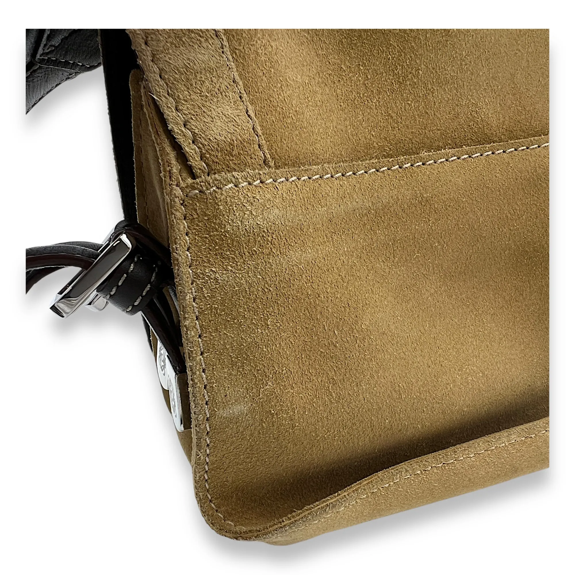 Anagram Shoulder Bag Beige in Suede Leather, Silver hardware