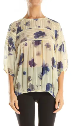 Beige Floral Print Retro Blouse