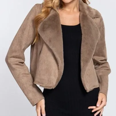 Biker Style Faux Suede Jacket in Taupe