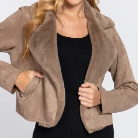 Biker Style Faux Suede Jacket in Taupe