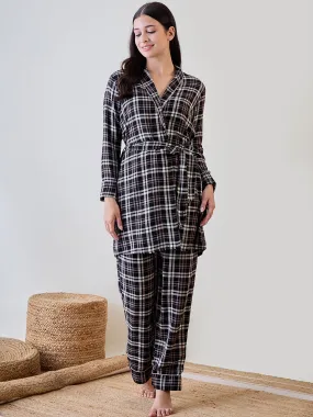 Black Checkered Viscose Gownset with Pyjama