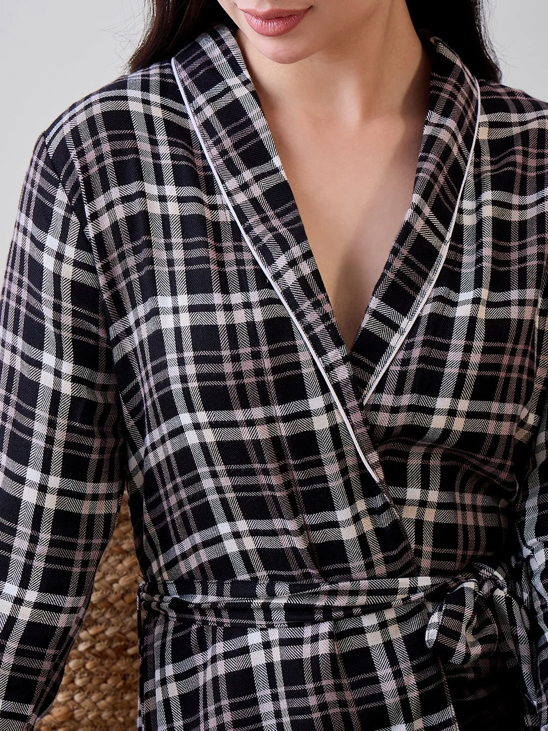 Black Checkered Viscose Gownset with Pyjama