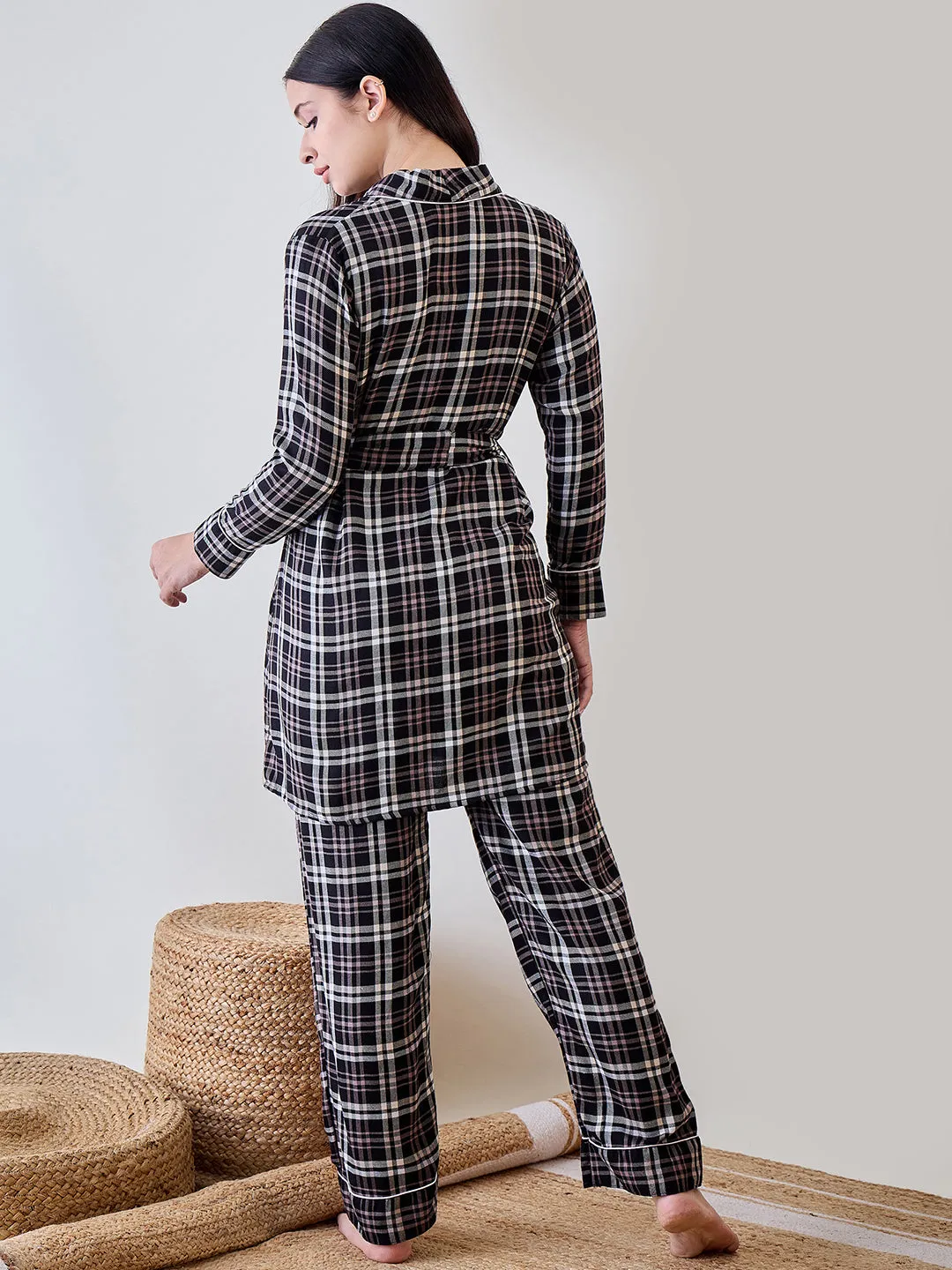 Black Checkered Viscose Gownset with Pyjama