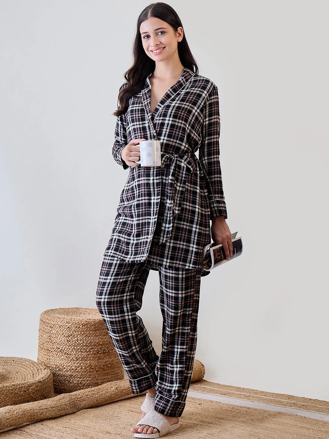 Black Checkered Viscose Gownset with Pyjama