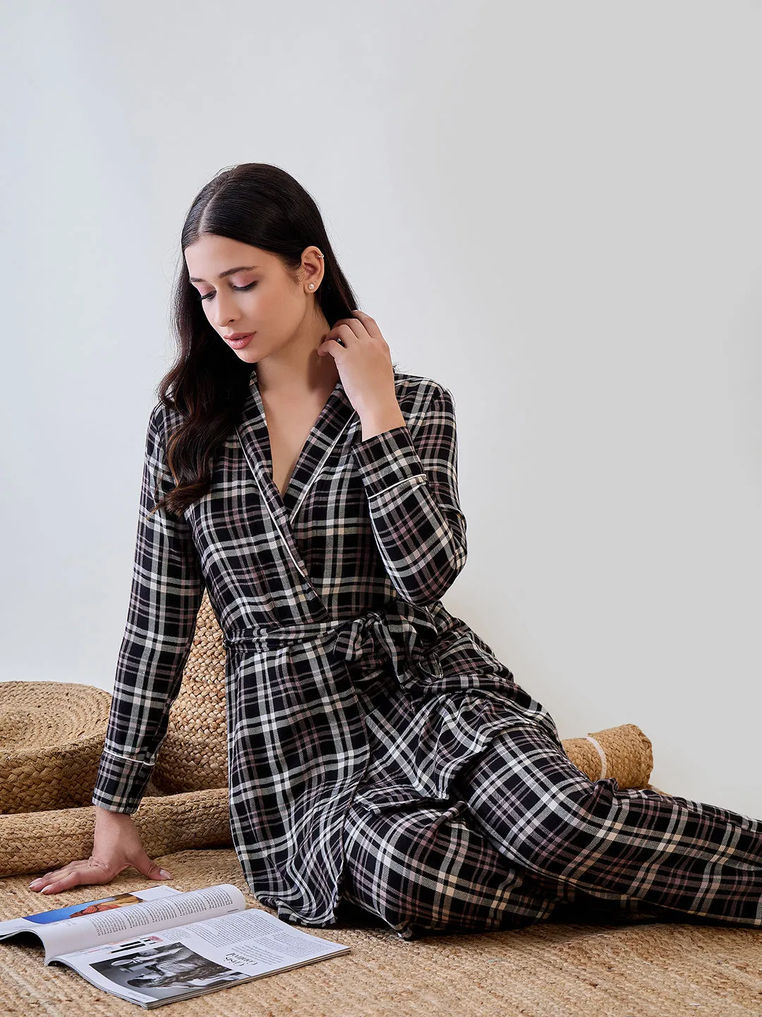 Black Checkered Viscose Gownset with Pyjama