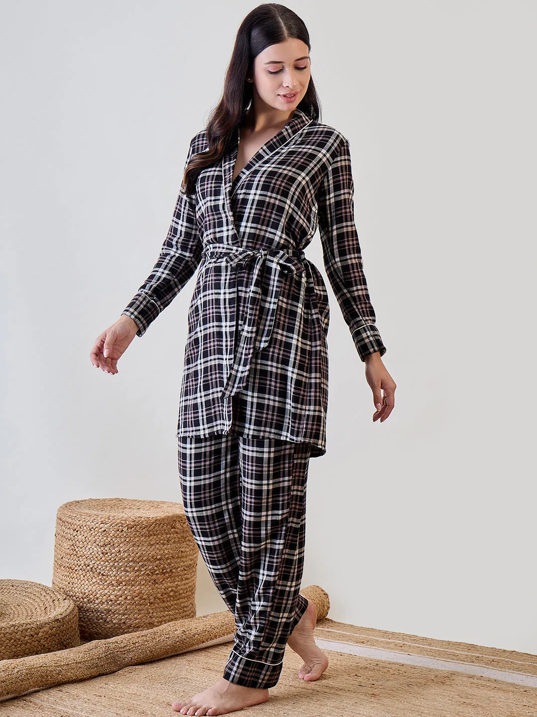 Black Checkered Viscose Gownset with Pyjama