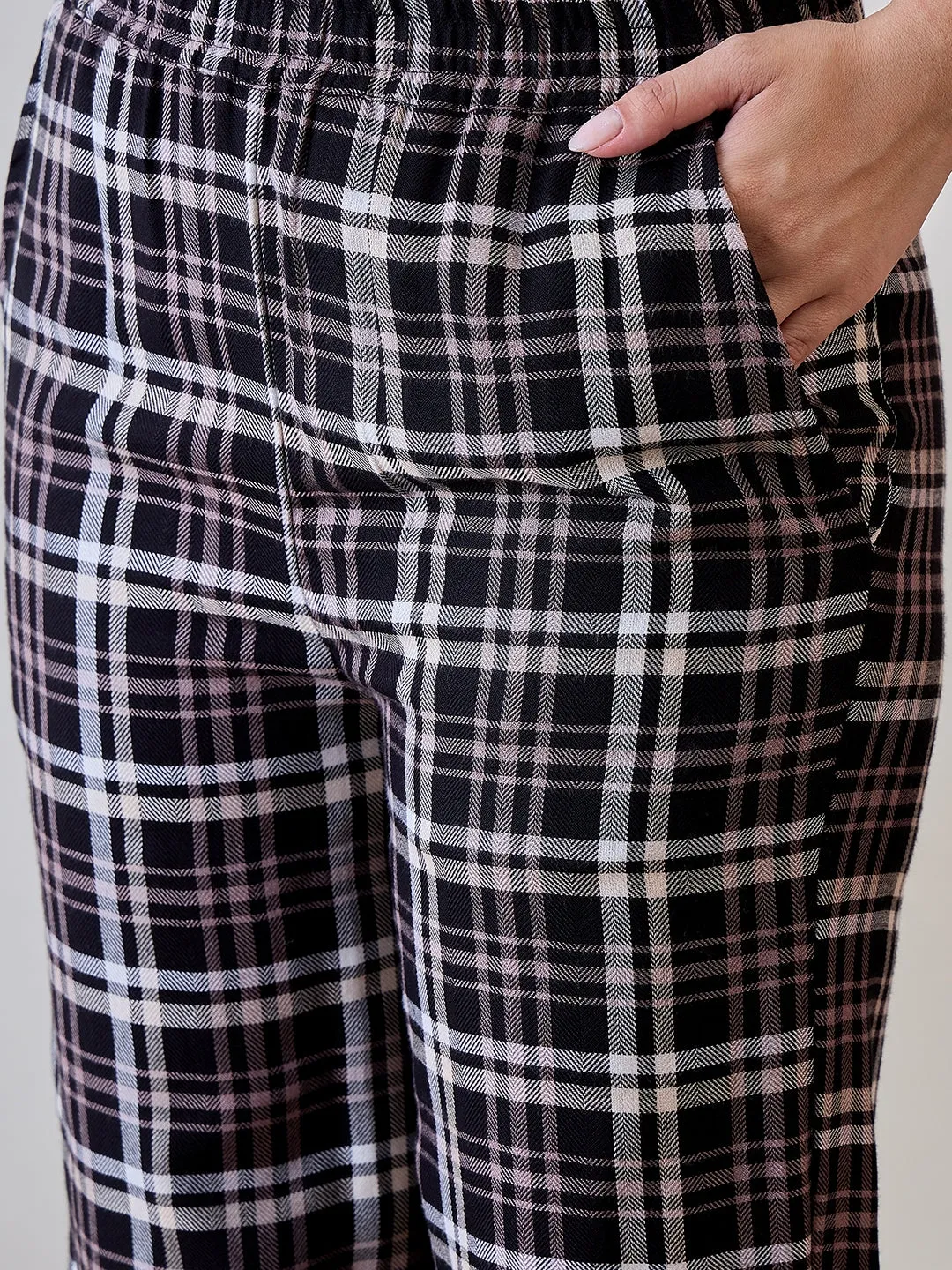 Black Checkered Viscose Gownset with Pyjama