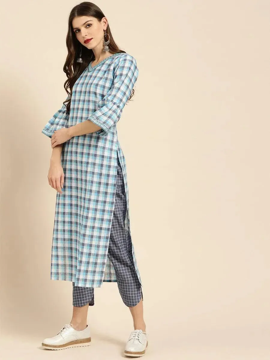 Blue Checkered Cotton Straight Kurta With Trousers