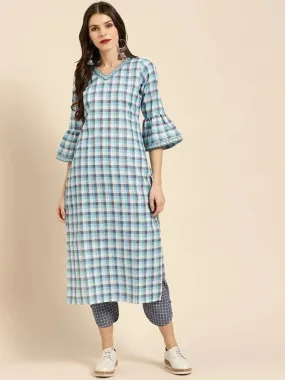 Blue Checkered Cotton Straight Kurta With Trousers