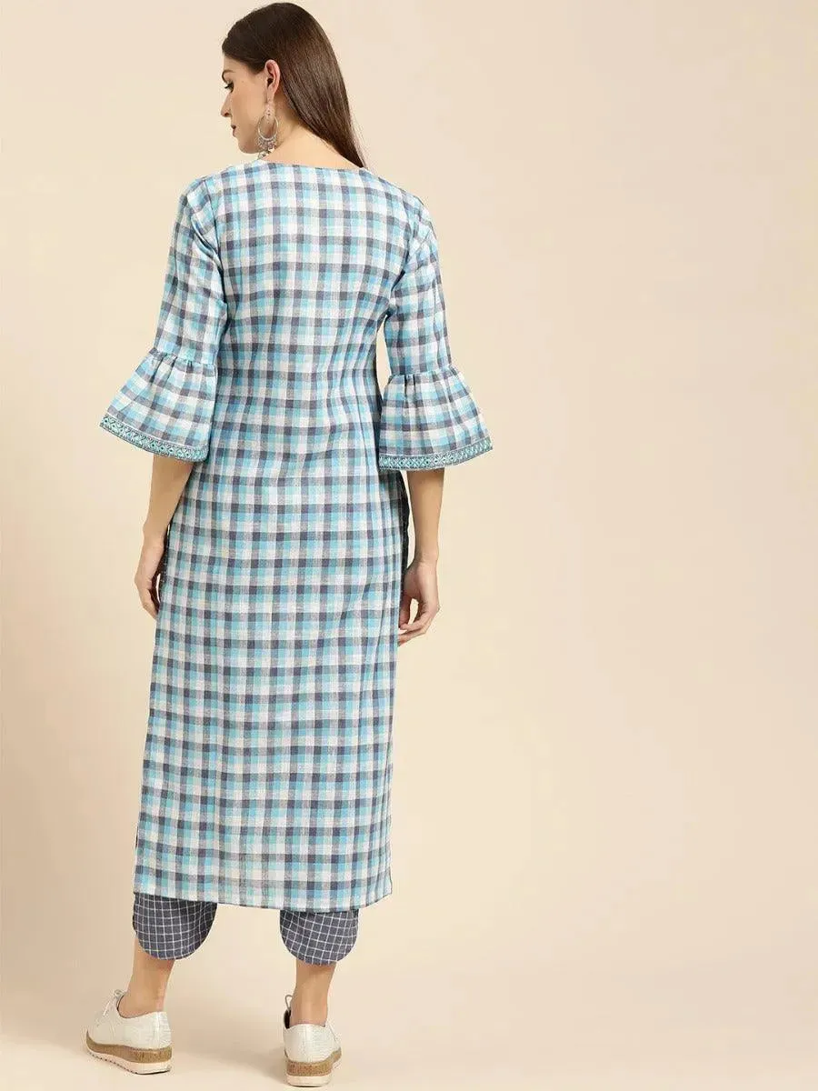 Blue Checkered Cotton Straight Kurta With Trousers