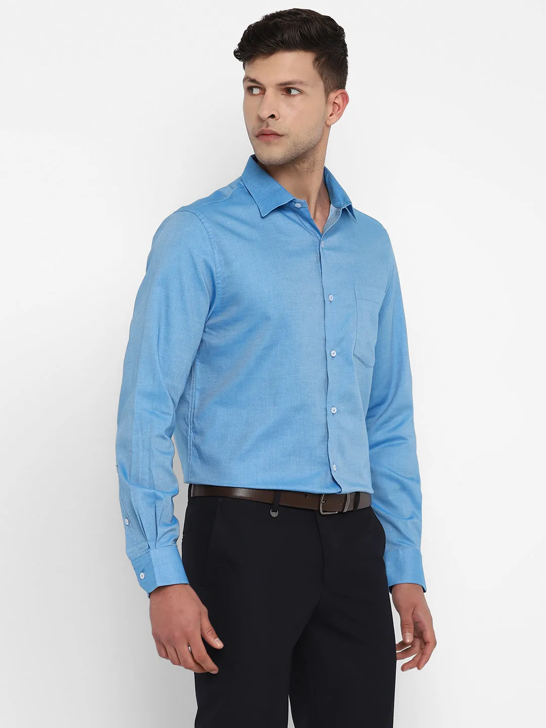 Blue Cotton Self Design Slim Fit Shirts