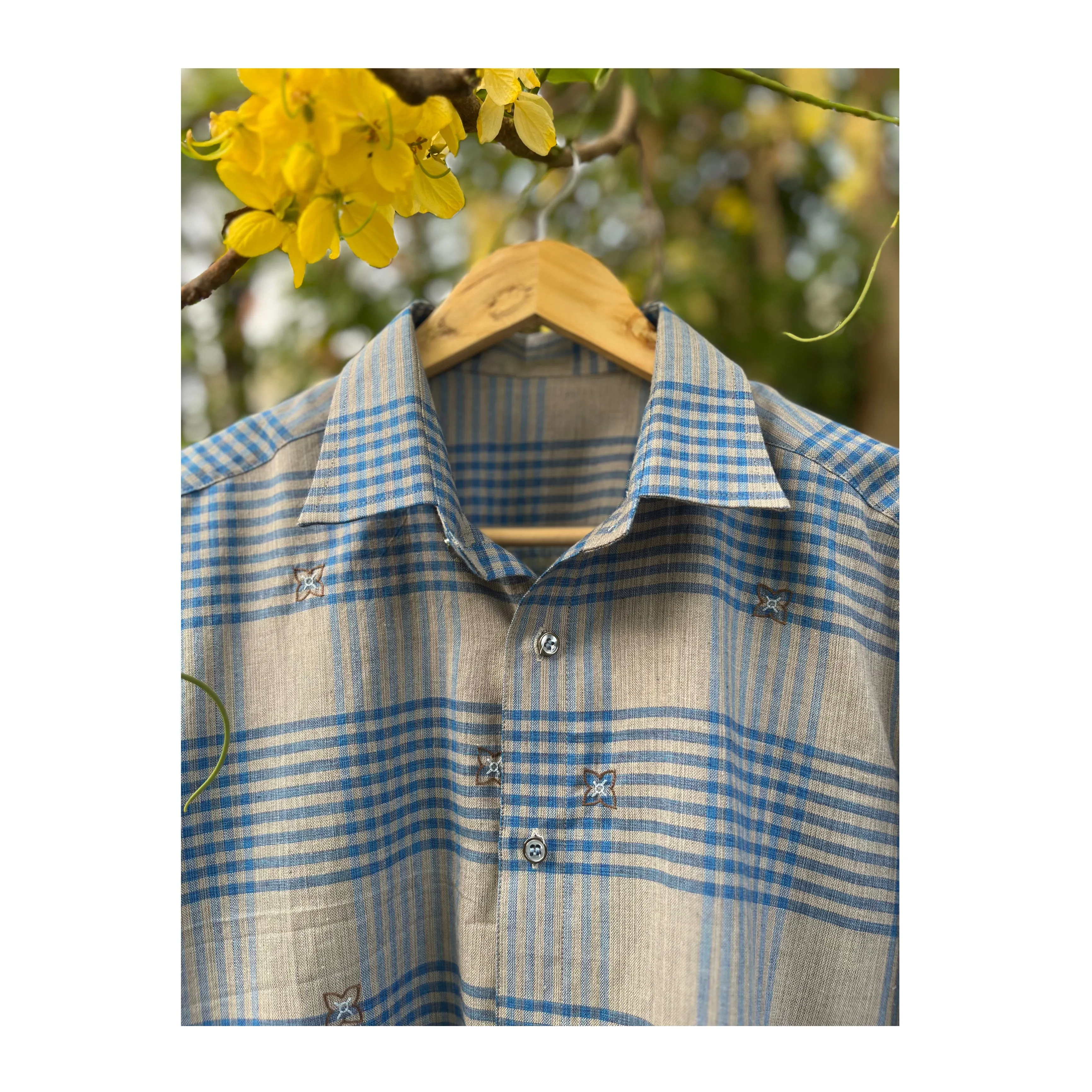 Blue grey madras checkered shirt with embroidery