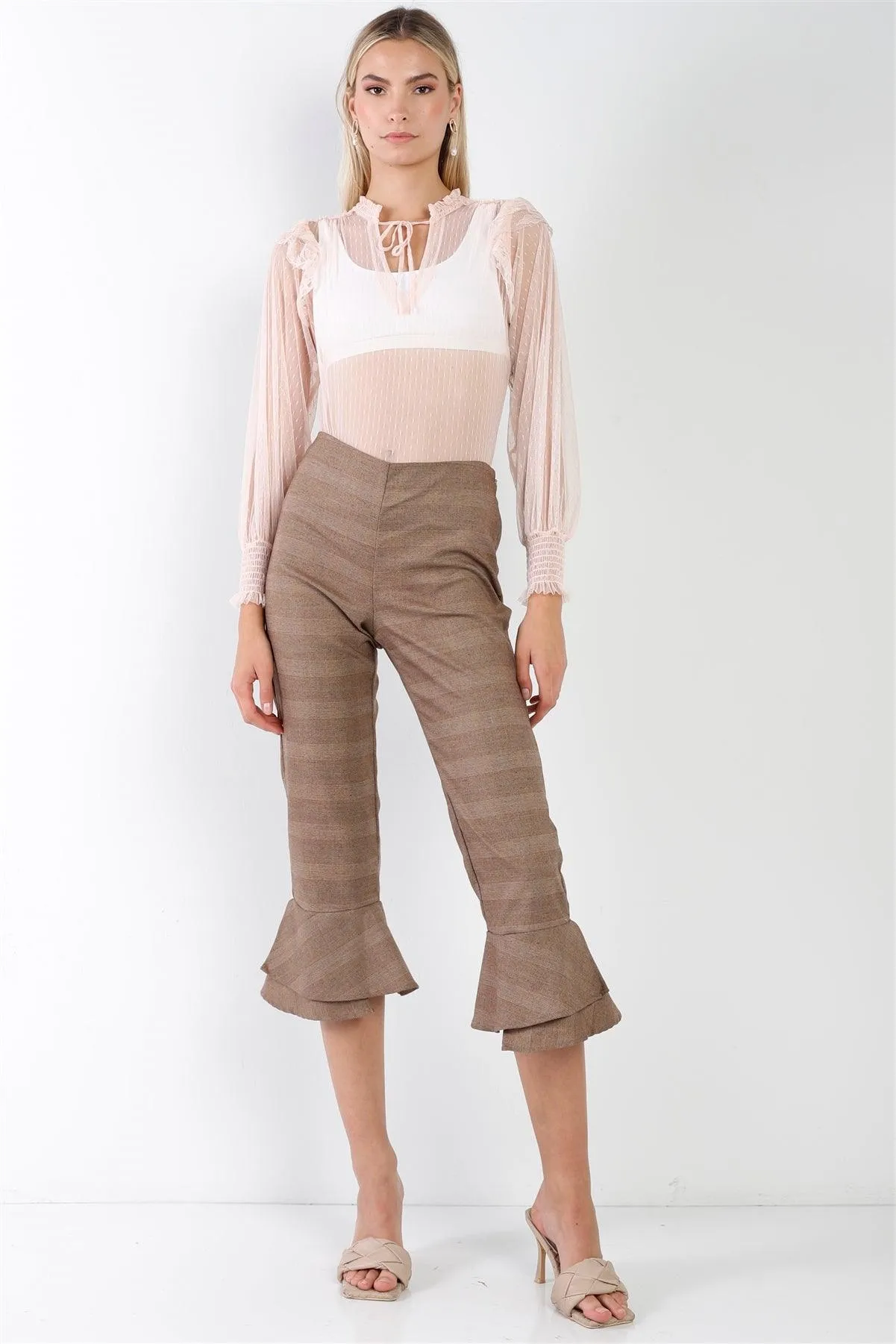 Brown Checkered High-Waisted Double Layered Ruffled Hem Capri Pants /1-2-2