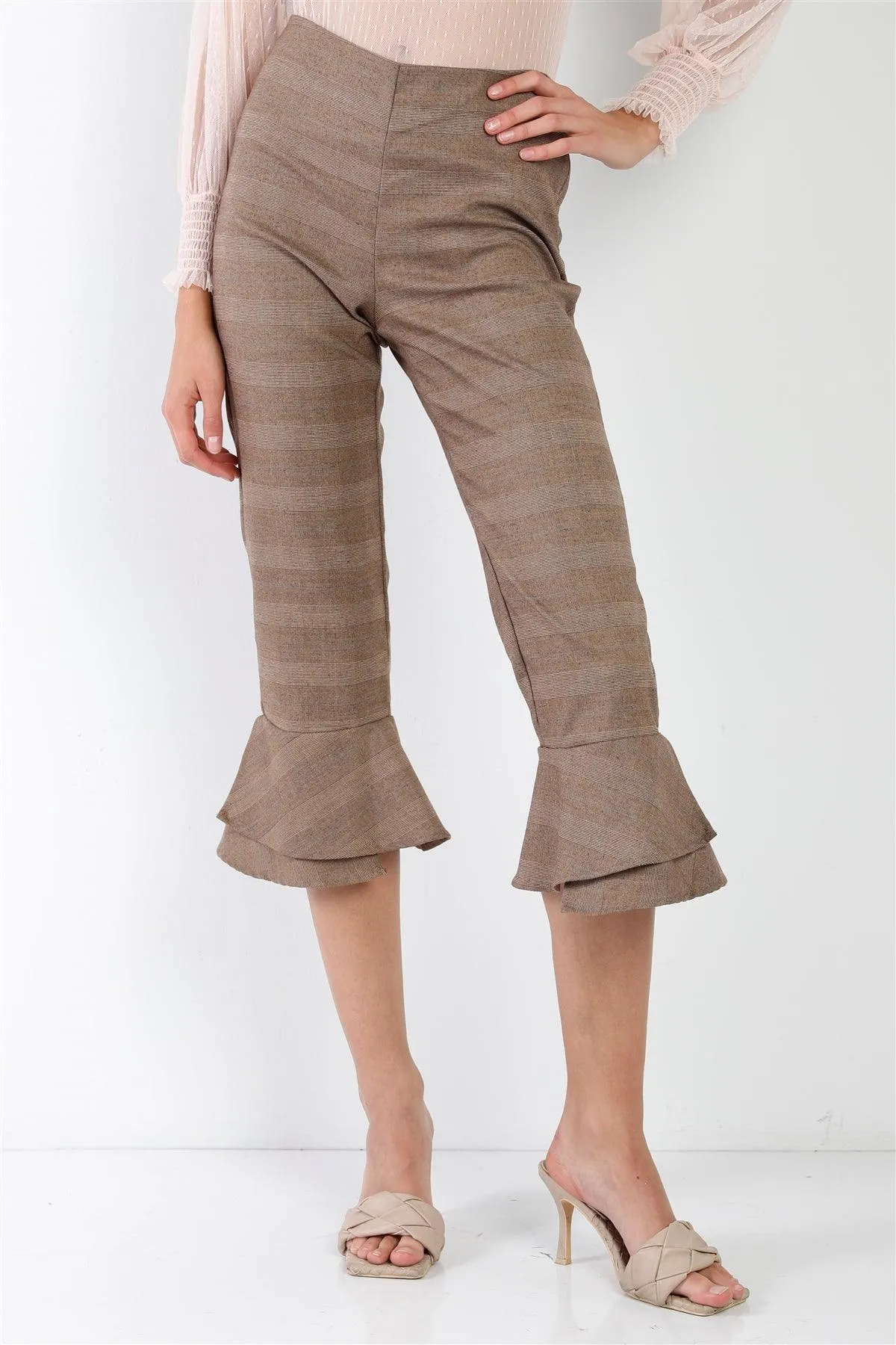 Brown Checkered High-Waisted Double Layered Ruffled Hem Capri Pants /1-2-2