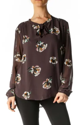 Brown Floral Print Retro Blouse