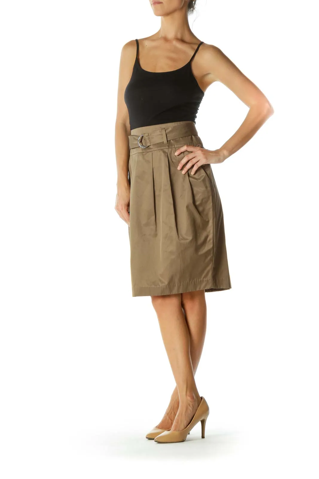 Brown Shiny Belted Pleated Pocketed Flared Skirt