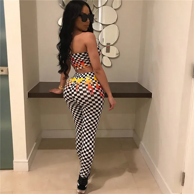 Checkered fire flame 2 piece crop top pants set