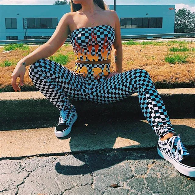 Checkered fire flame 2 piece crop top pants set