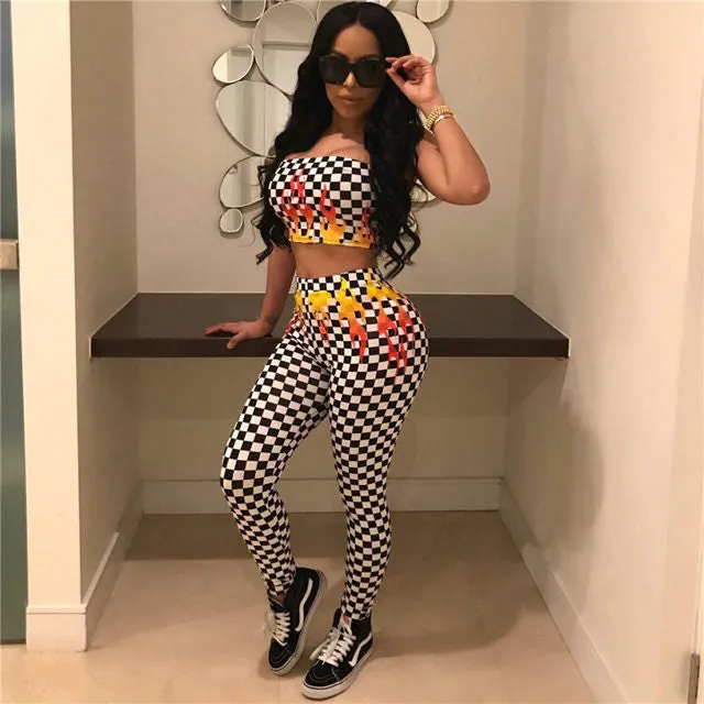 Checkered fire flame 2 piece crop top pants set