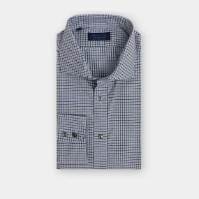 Contemporary Fit, Cut-away Collar, 2 Button Cuff Shirt in a Dark Navy & Blue Check Twill Cotton