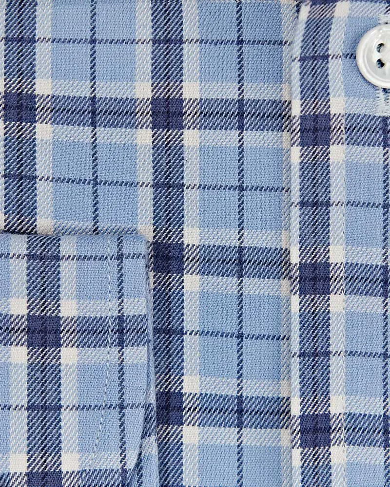 Contemporary Fit Light Blue Check Brushed Cotton Shirt with Cut-away Collar & Two Button Cuff