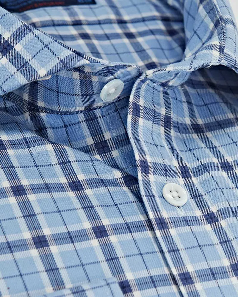 Contemporary Fit Light Blue Check Brushed Cotton Shirt with Cut-away Collar & Two Button Cuff