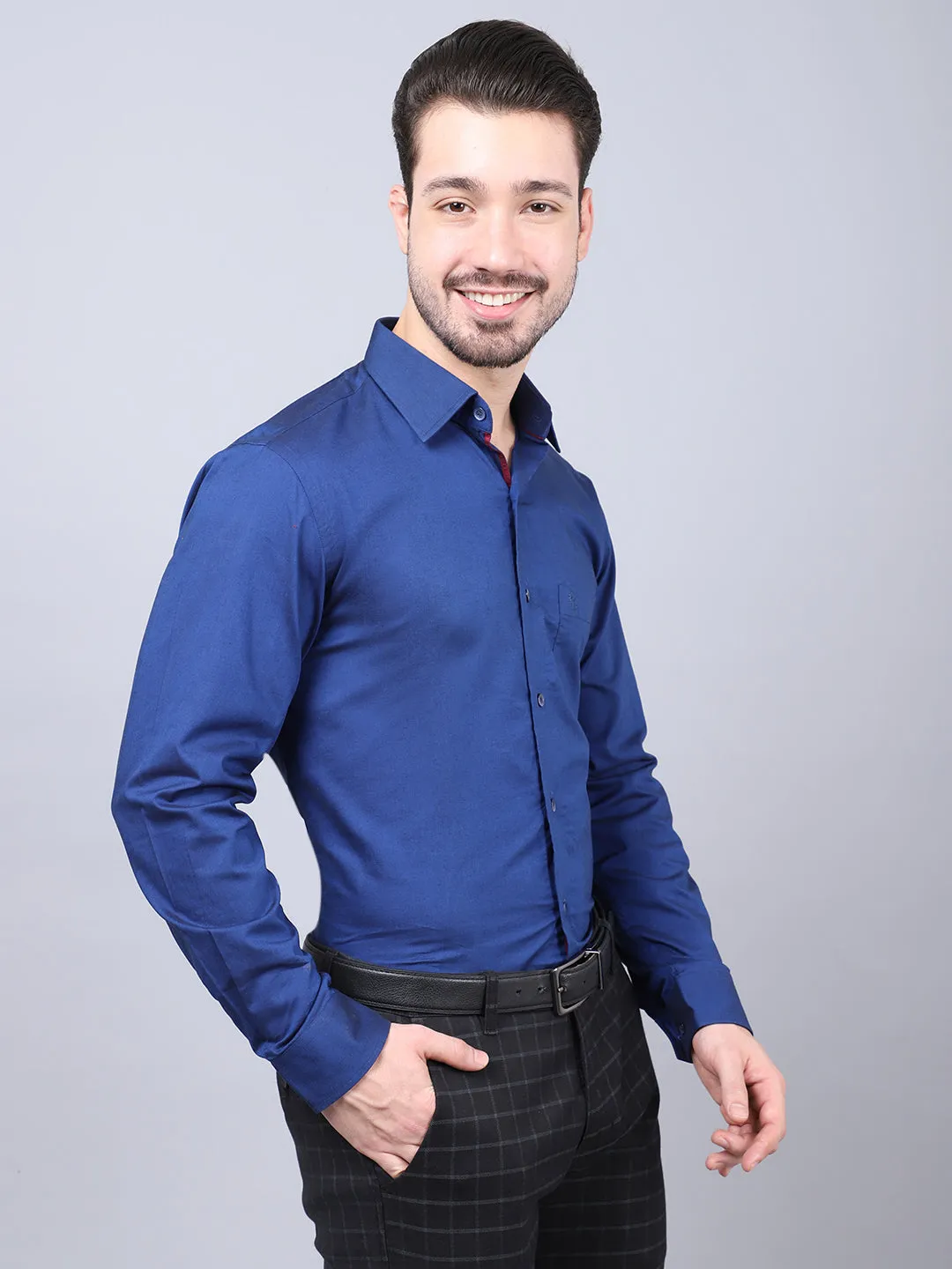 Cotton Blend Solid Blue Full Sleeve Regular Fit Formal Shirt for Men with Pocket