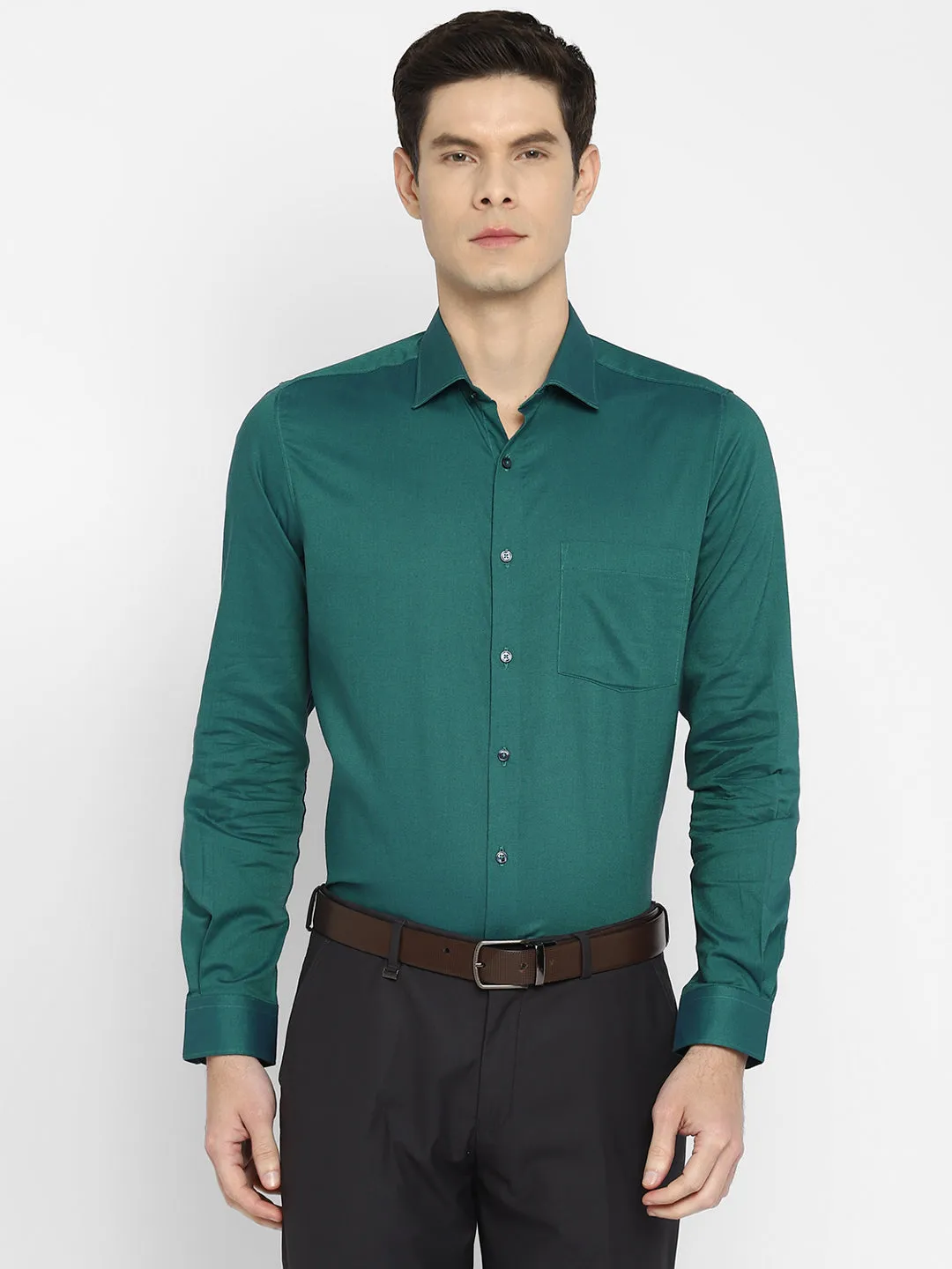 Cotton Dark Green Slim Fit Solid Shirts