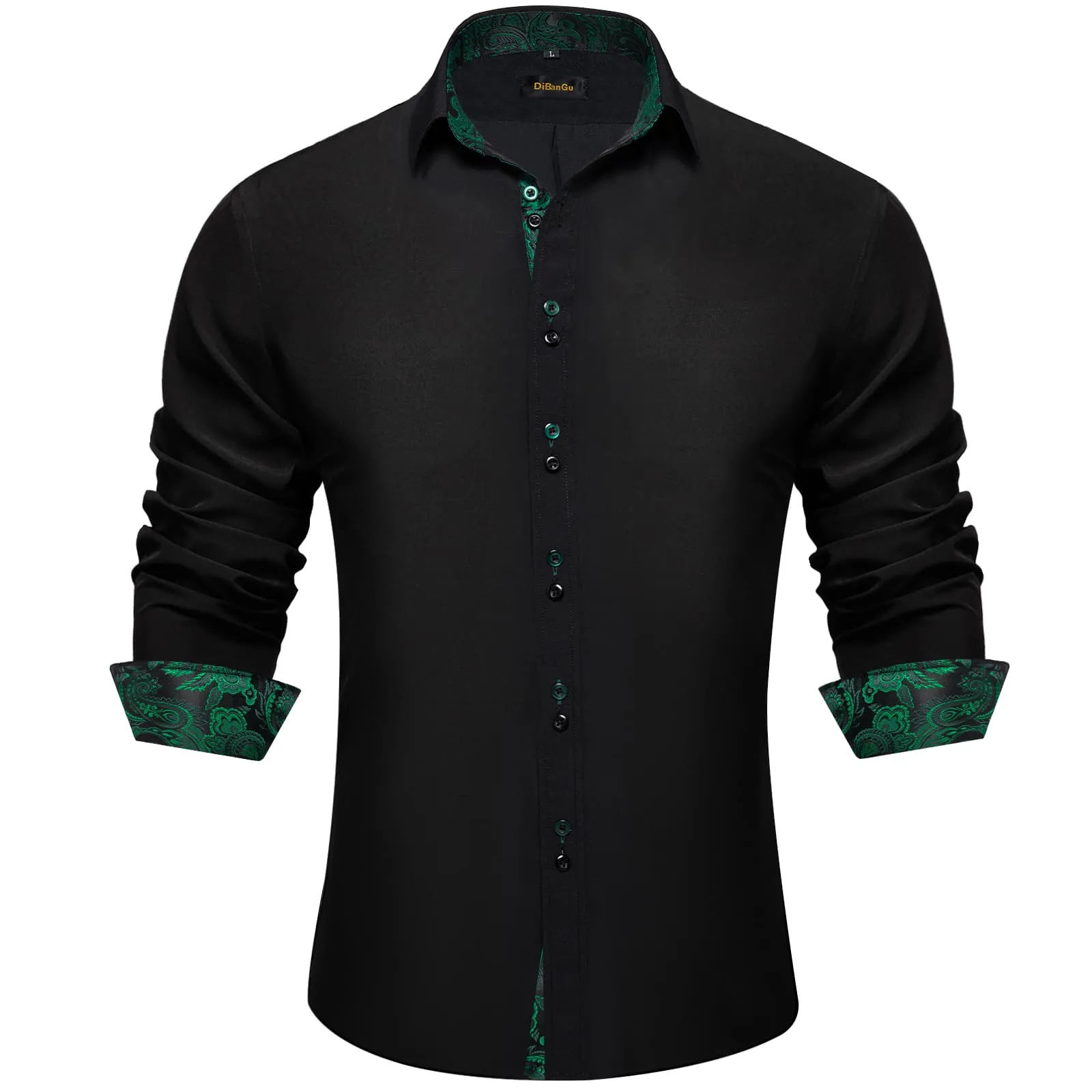 DiBanGu Mens Dress Shirt Black Solid Green Paisley Splicing Silk Shirt