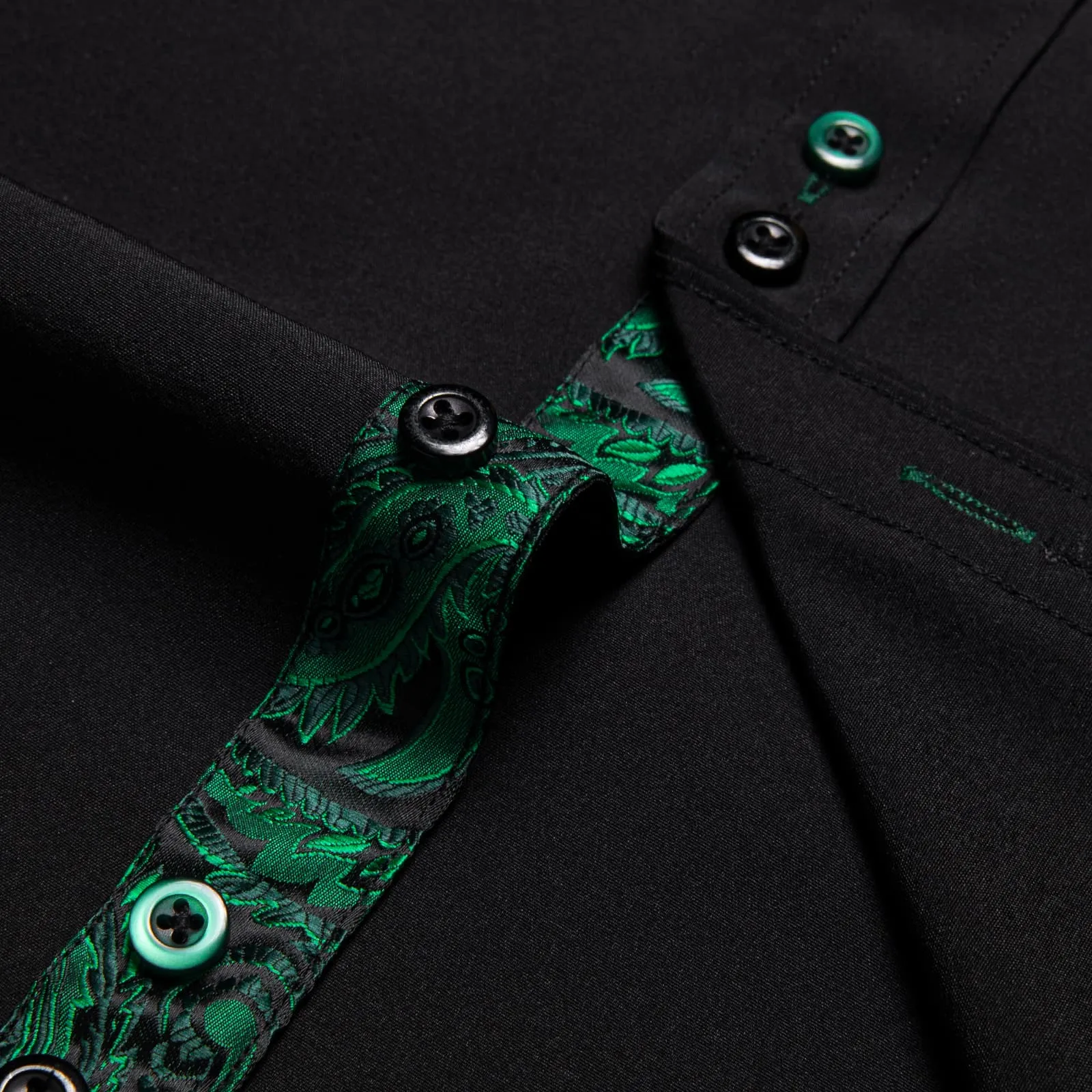 DiBanGu Mens Dress Shirt Black Solid Green Paisley Splicing Silk Shirt