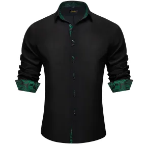 DiBanGu Mens Dress Shirt Black Solid Green Paisley Splicing Silk Shirt