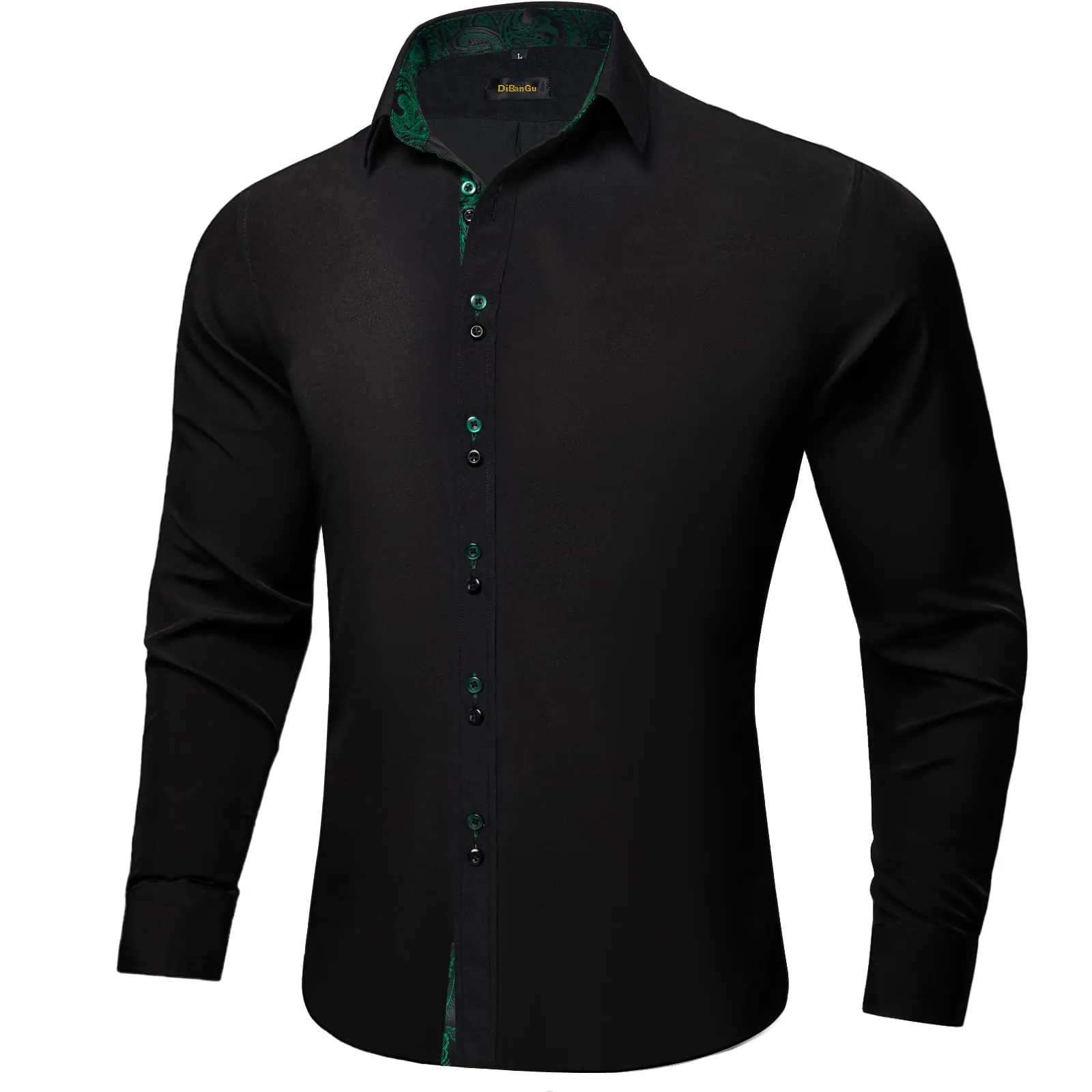 DiBanGu Mens Dress Shirt Black Solid Green Paisley Splicing Silk Shirt