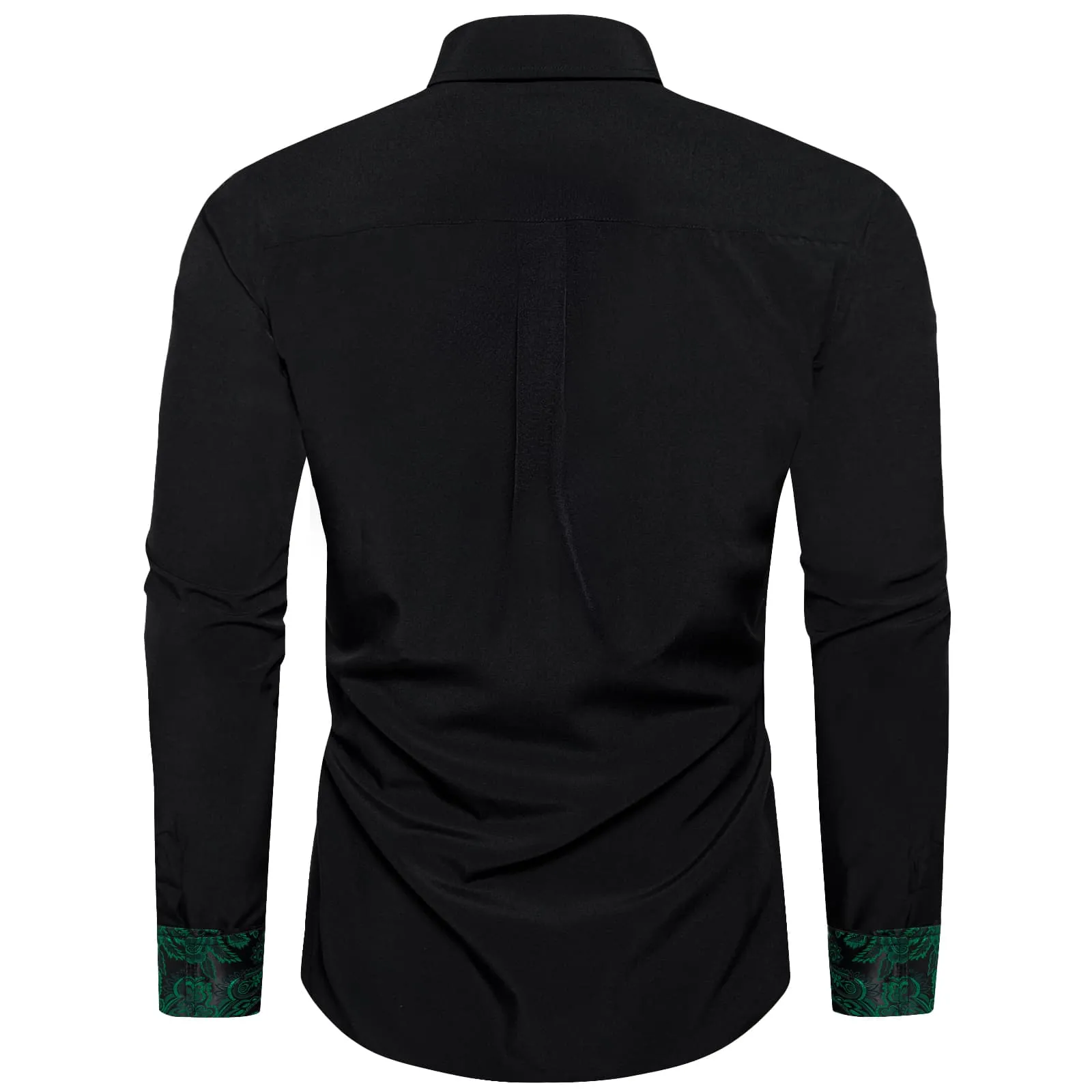 DiBanGu Mens Dress Shirt Black Solid Green Paisley Splicing Silk Shirt