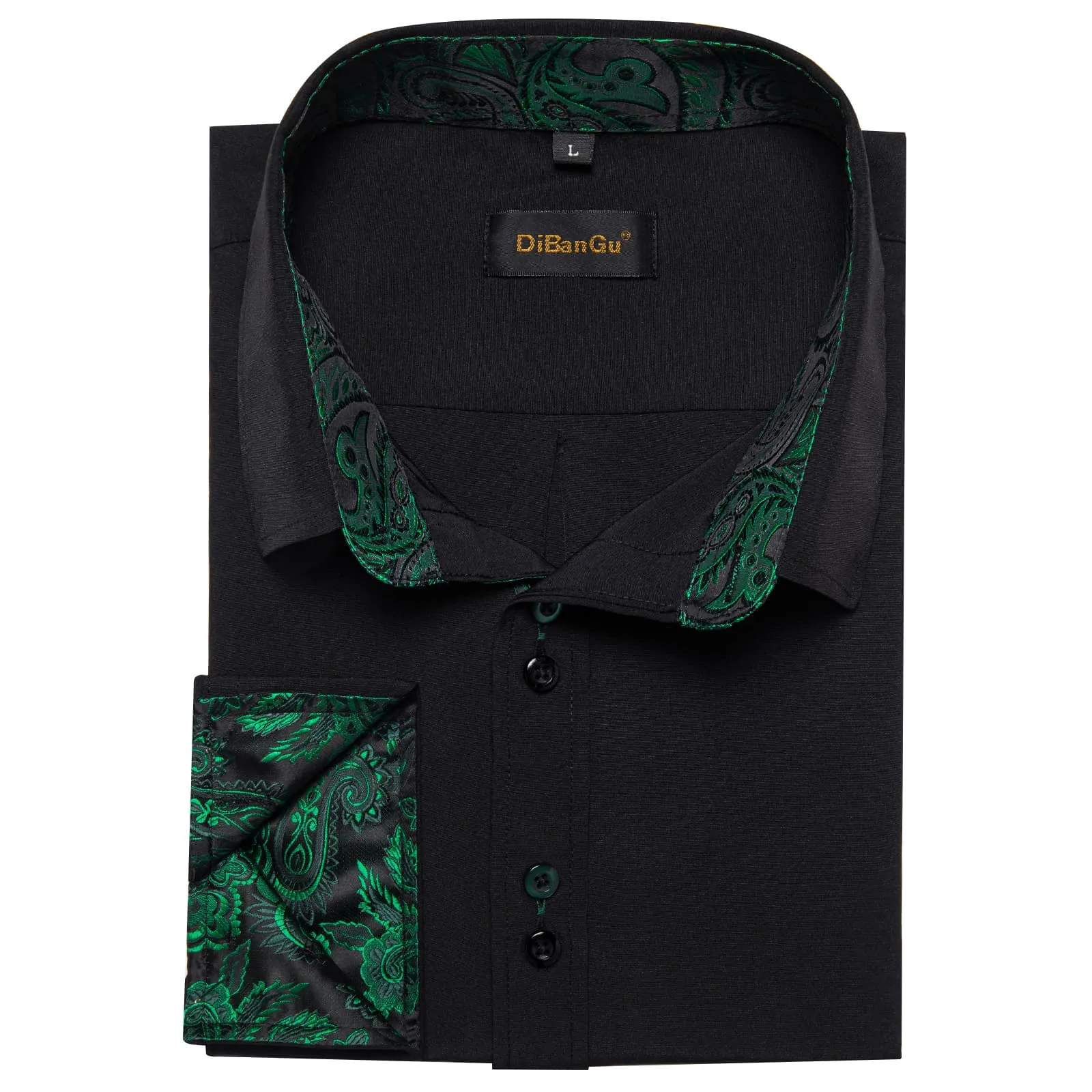 DiBanGu Mens Dress Shirt Black Solid Green Paisley Splicing Silk Shirt