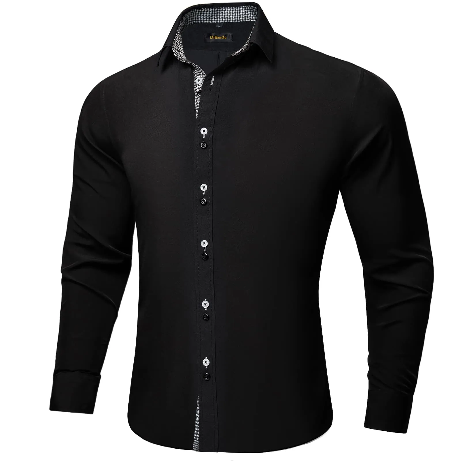 DiBanGu Mens Dress Shirt Black Solid Houndstooth Splicing Silk Shirt