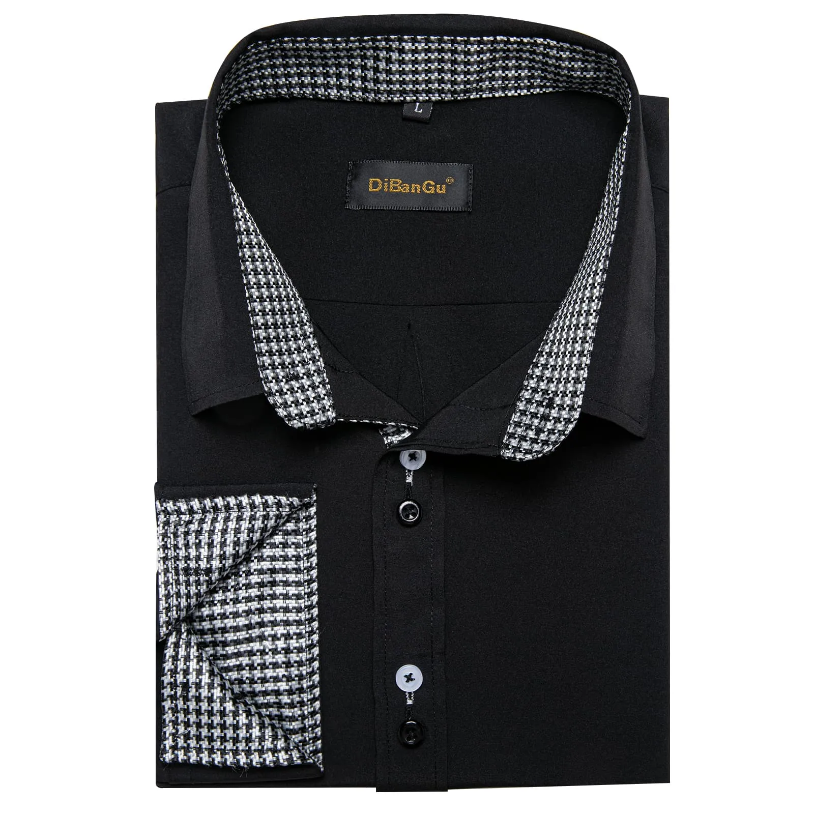 DiBanGu Mens Dress Shirt Black Solid Houndstooth Splicing Silk Shirt