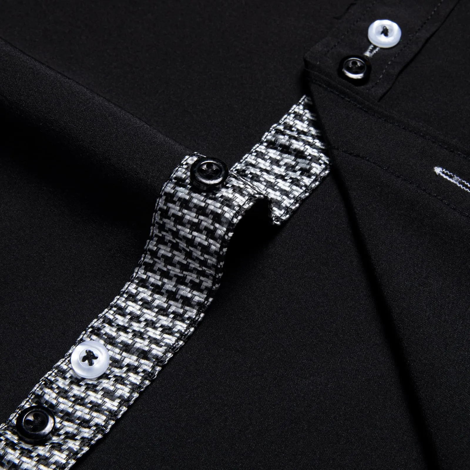 DiBanGu Mens Dress Shirt Black Solid Houndstooth Splicing Silk Shirt