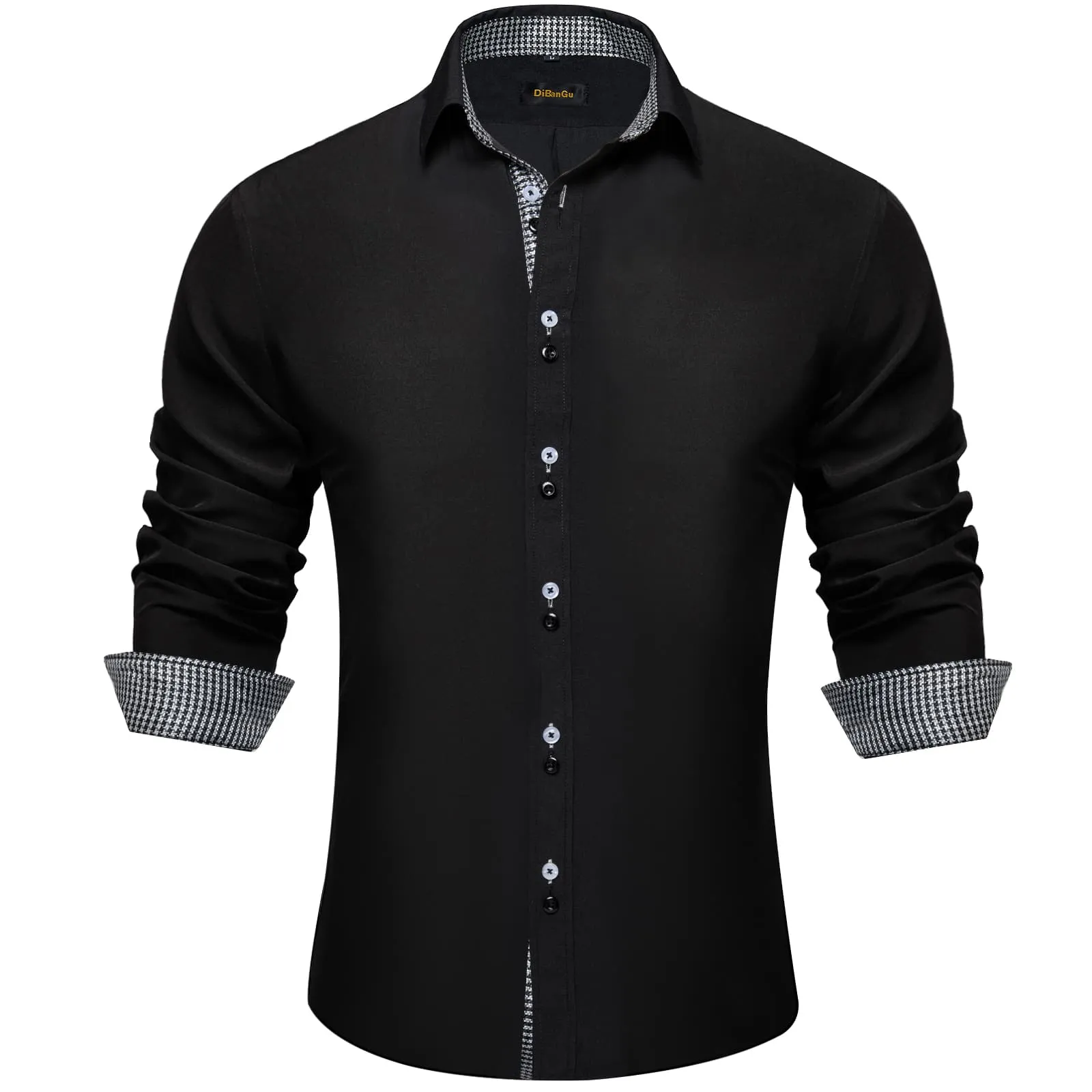 DiBanGu Mens Dress Shirt Black Solid Houndstooth Splicing Silk Shirt