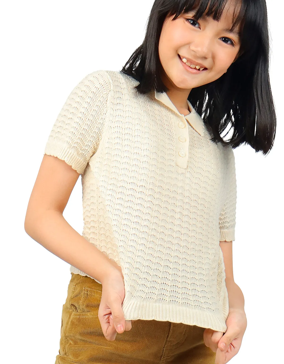 GIRLS POINTELLE TOP WTH SCALLOPED COLLAR AND TRIMMINGS