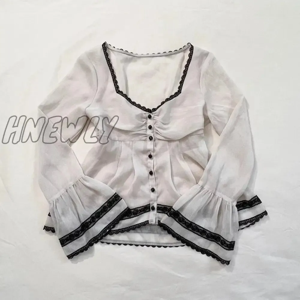 Hnewly Grunge Y2K Retro Crop Tops Lace Trim Mesh See-Through T Shirt Chic Women Button Up Low-Cut Flared Sleeve Blouses Tees