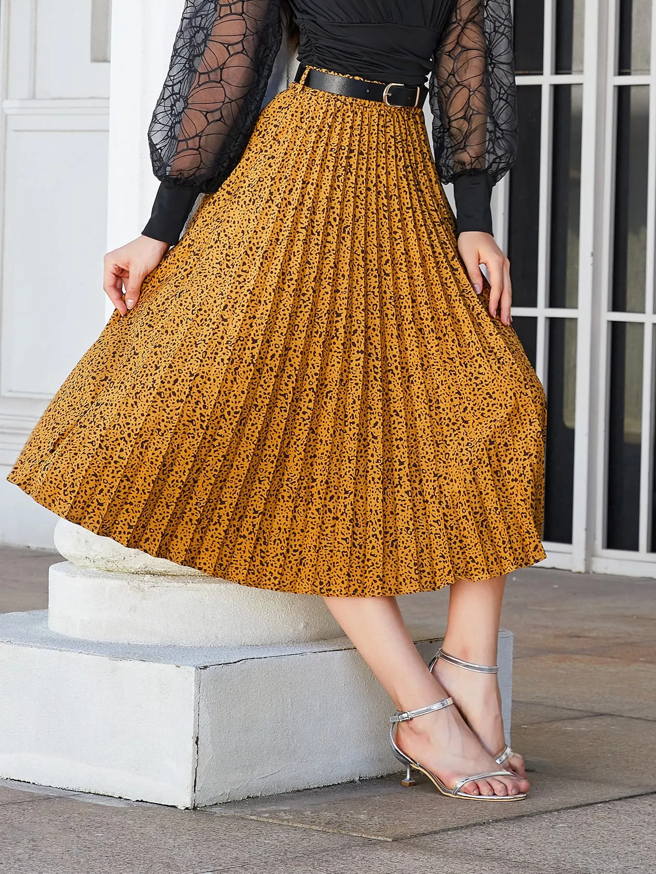 Leopard Print Pleated Midi Skirt