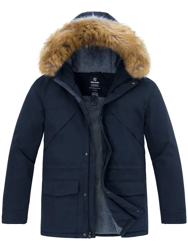 Men's Warm Winter Coat Insulated Parka Padded Puffer Jacket with Removable Faux Fur Hood