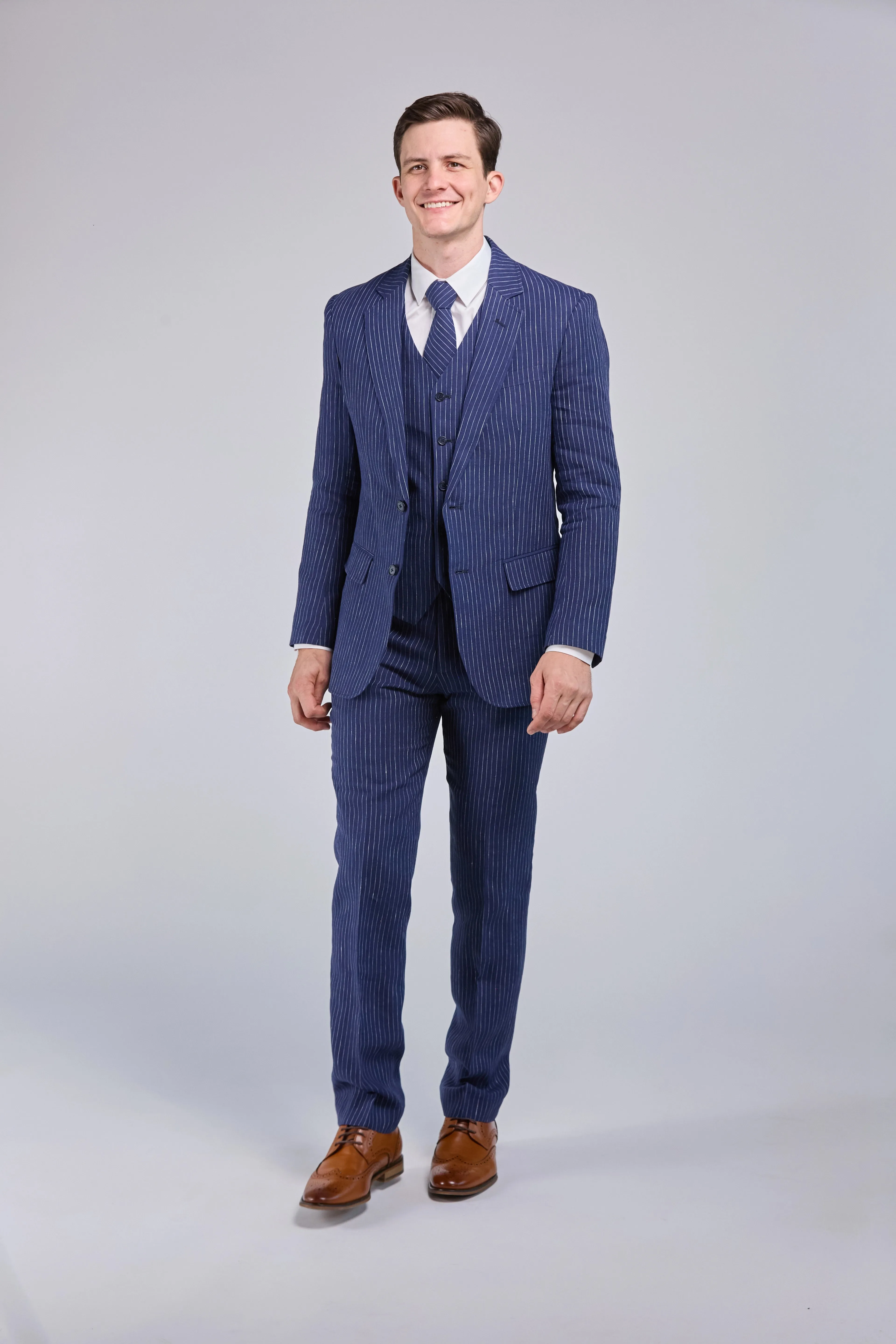 Navy Pinstripe Linen 3 Piece Suit