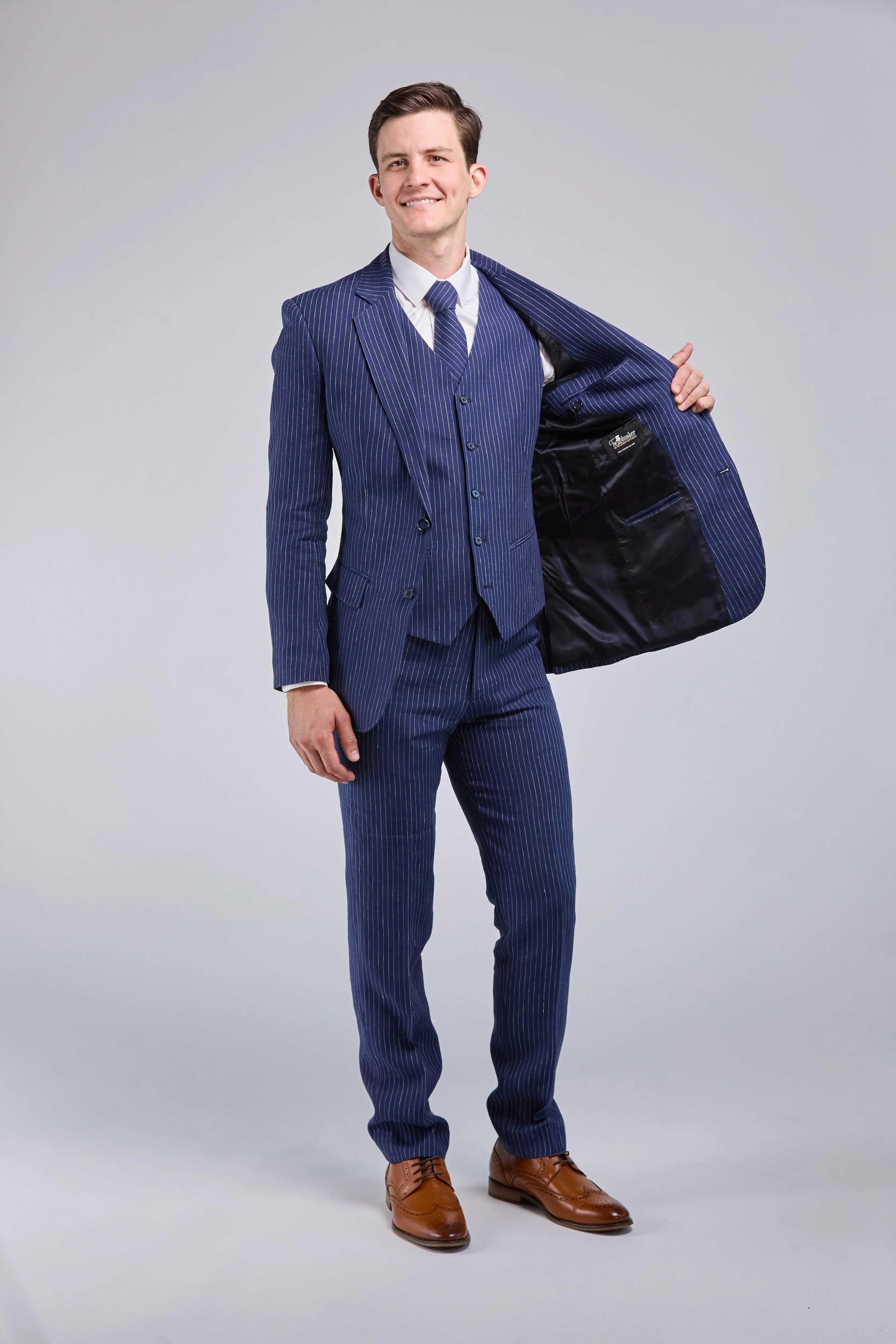 Navy Pinstripe Linen 3 Piece Suit