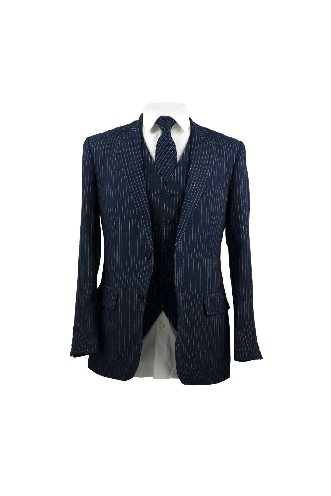 Navy Pinstripe Linen 3 Piece Suit