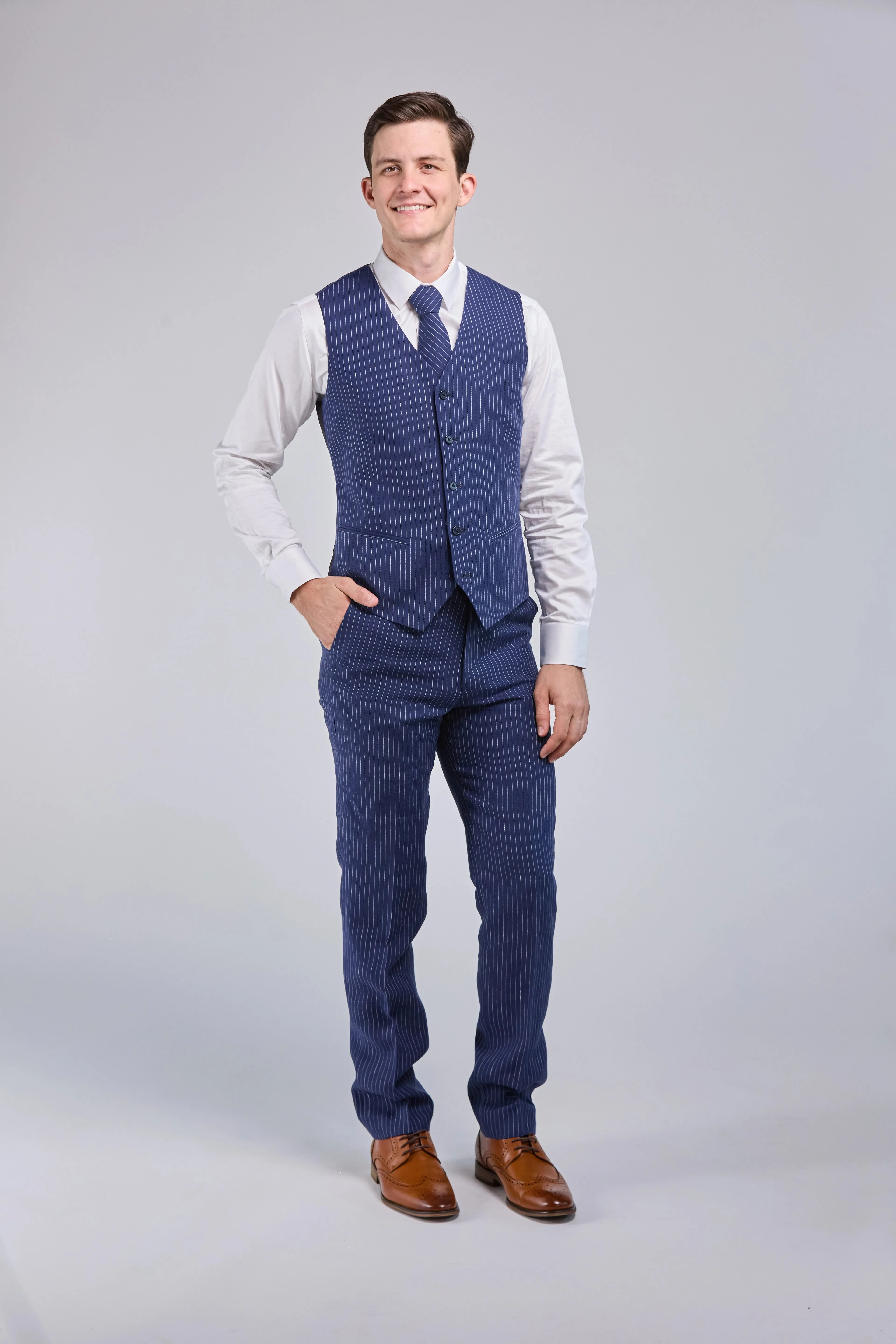 Navy Pinstripe Linen 3 Piece Suit